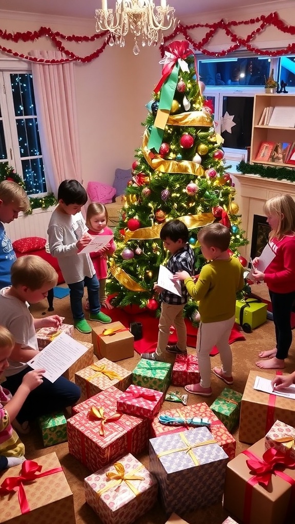 Participants enjoying a Christmas gift riddle hunt with gifts and decorations.